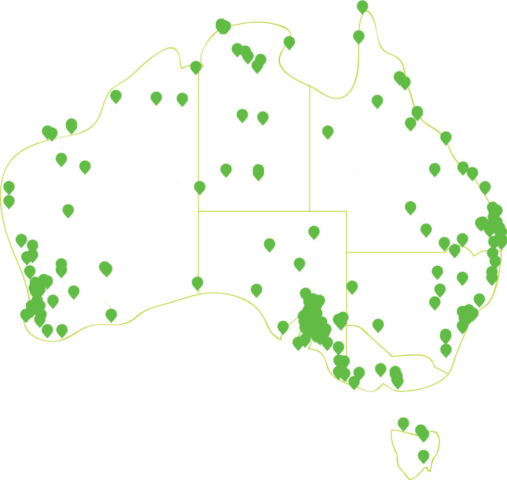 Map of Australia, with green dots to represent the client locations all over Australia