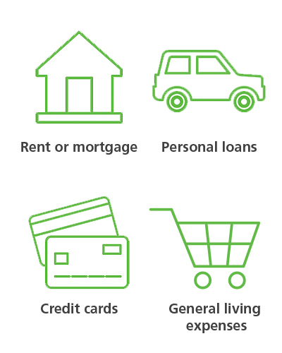 Green outline icons of a house, car, credit cards and shopping trolley
