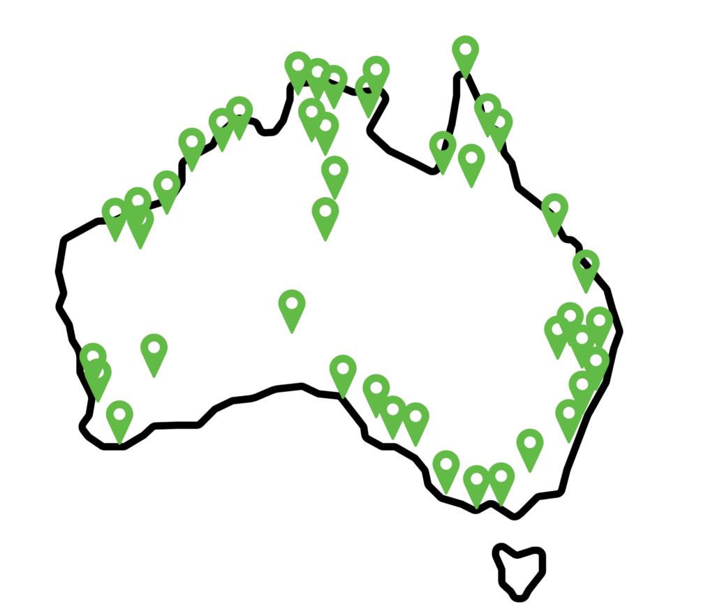 Map of Austrlaia with position markers all over the country to show CBB clients across the country and in the remotest regions