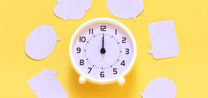 An image on a white alarm clock on a yellow bakcground surrounded by speech bubbles