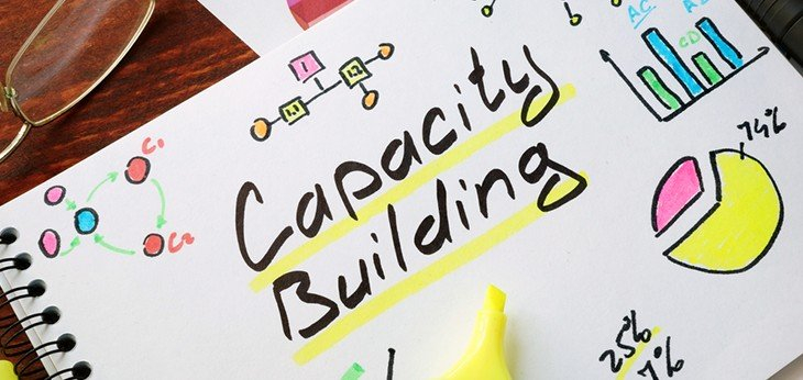 A notepad with handwritten Capacity Building and drawings of pie charts, bar graphs and flows