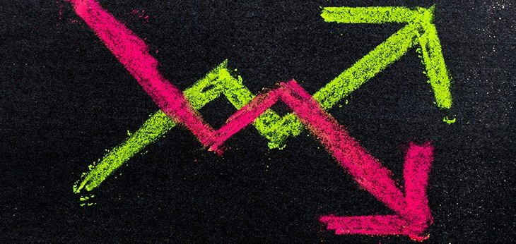 a blackboard with a green and pink lines drawn on with arrows on the end, the green line trends up and the pink line down