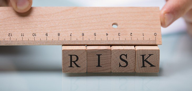 a person measuring four wooden blocks which spell out risk with a wooden ruler