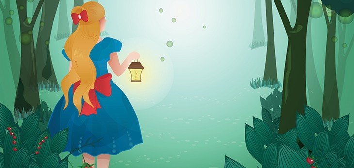 Alice in Wonderland walking throught the woods with a lantern