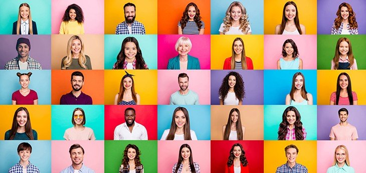 Grid of different coloured backgrounds with people of different cultures
